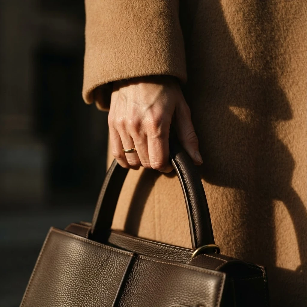 Hand holding an espresso leather bag against a camel coat