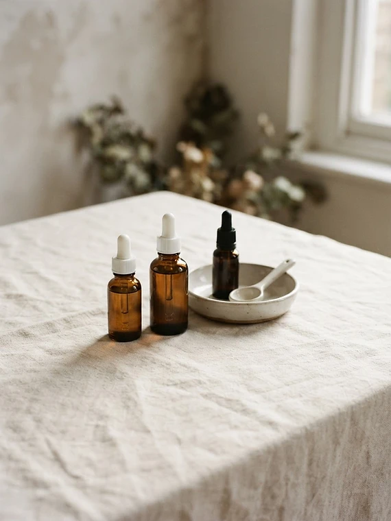 Glass skincare bottles and a ceramic dish on bone-coloured linen in morning light