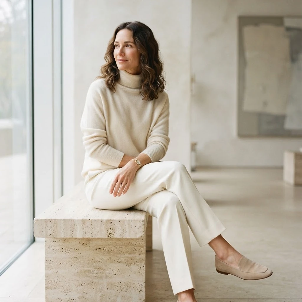 Woman in cream cashmere seated in a sunlit gallery