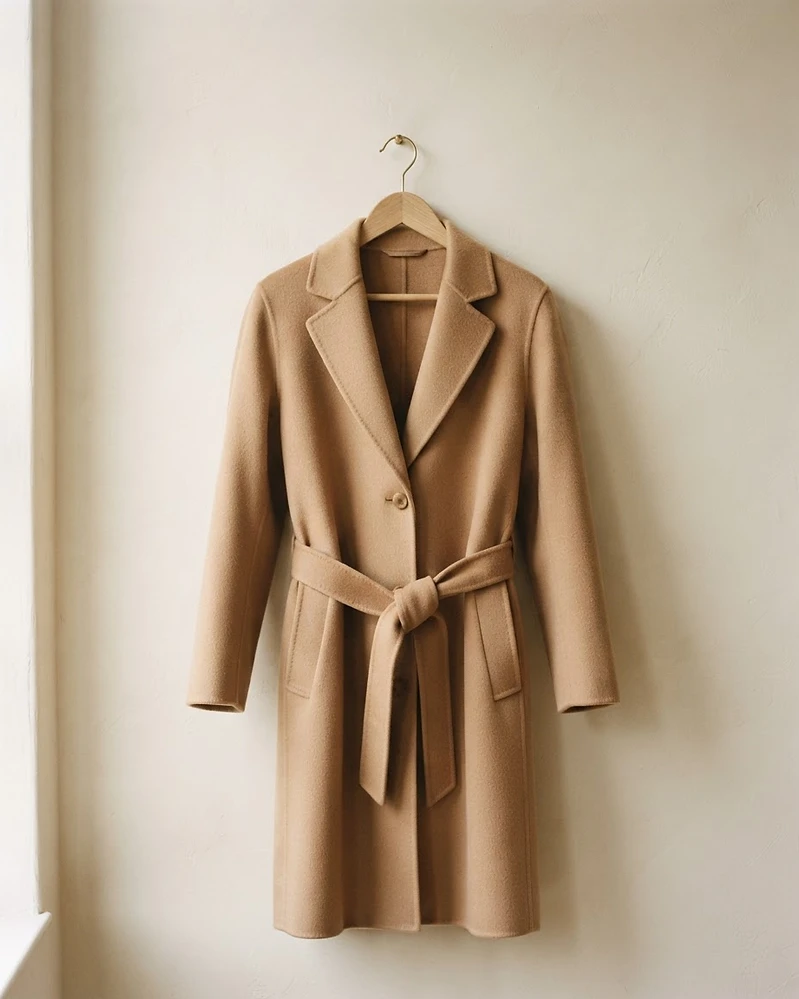 Camel wool coat on a wooden hanger