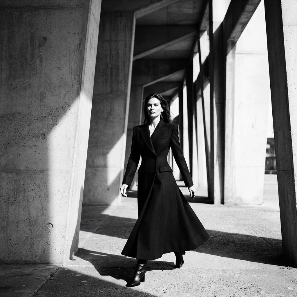 Woman in a black coat walking through a concrete colonnade
