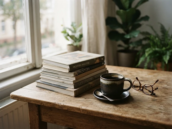 Stacked art books, black coffee and reading glasses on an oak table by a window