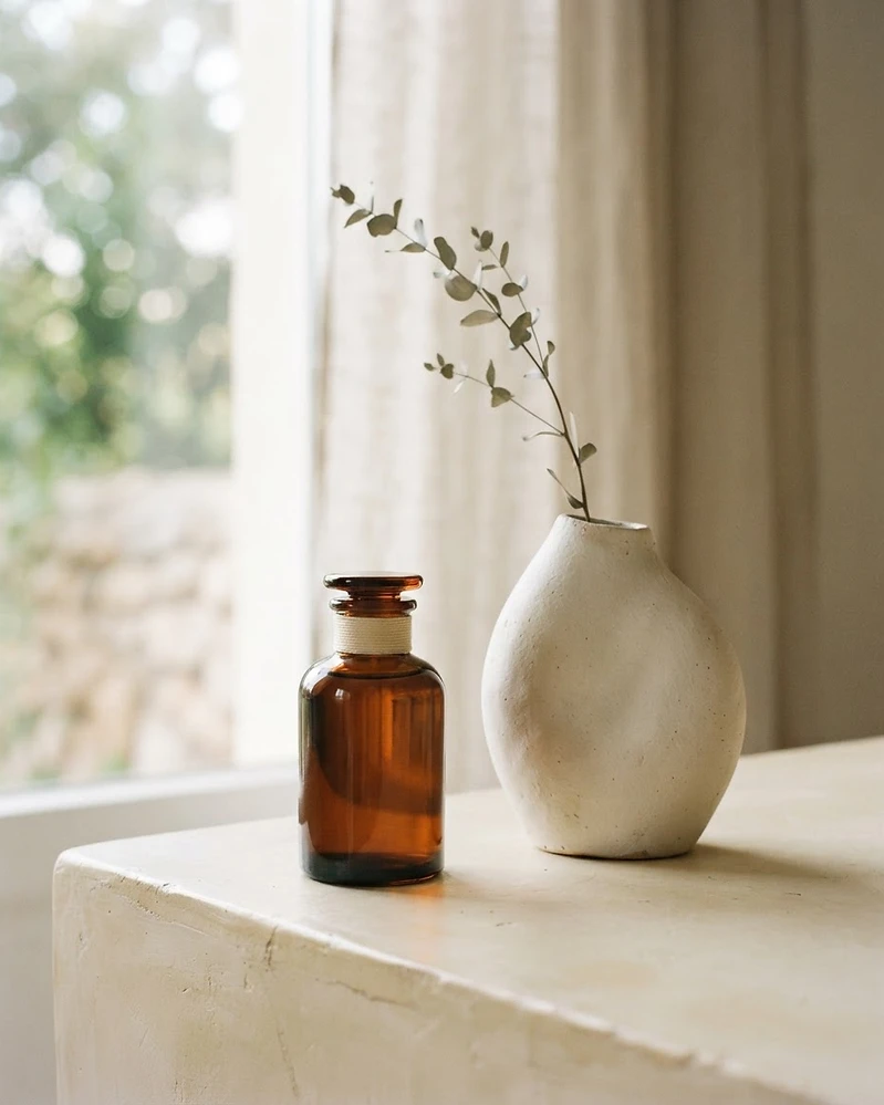 Amber glass fragrance bottle beside a ceramic vase