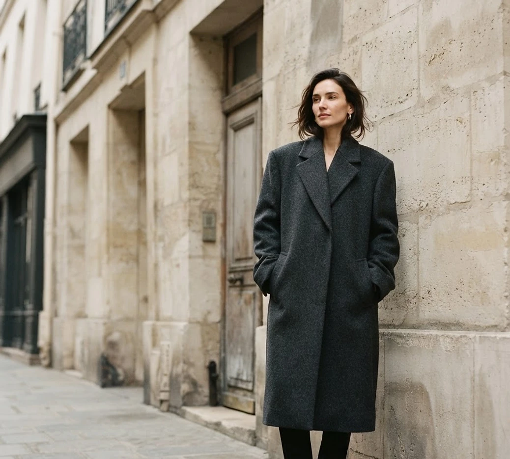 Woman in an oversized charcoal coat against a limestone wall in Paris