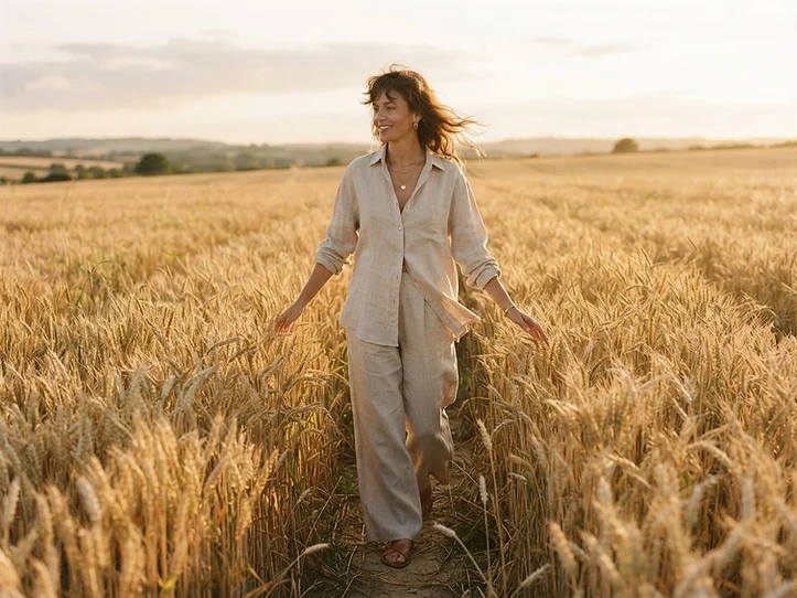 Woman in an oatmeal linen shirt walking through a golden wheat field