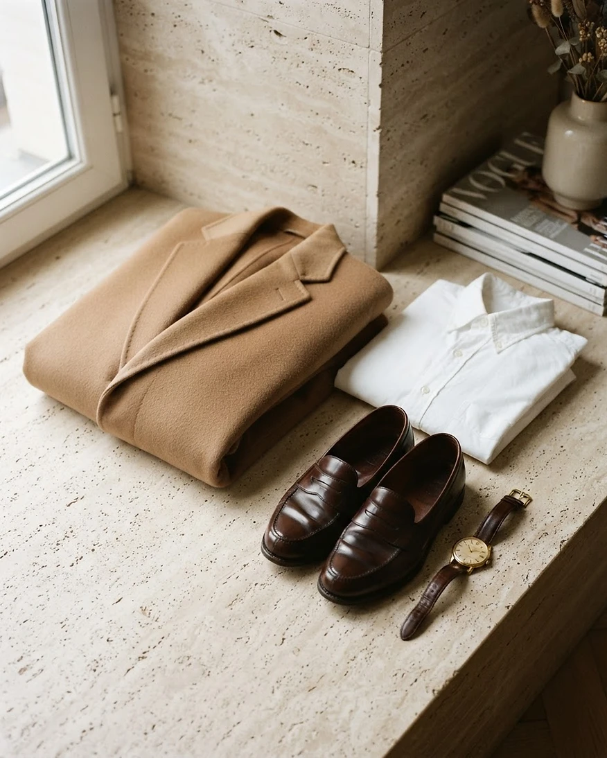 A folded camel coat, white shirt, leather loafers and gold watch on travertine