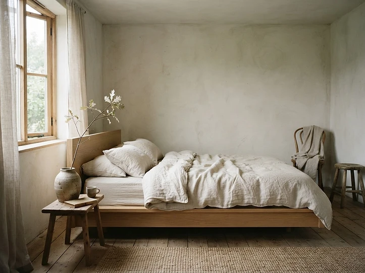 Serene bedroom with limewashed walls, low linen bed and a branch in a ceramic vase