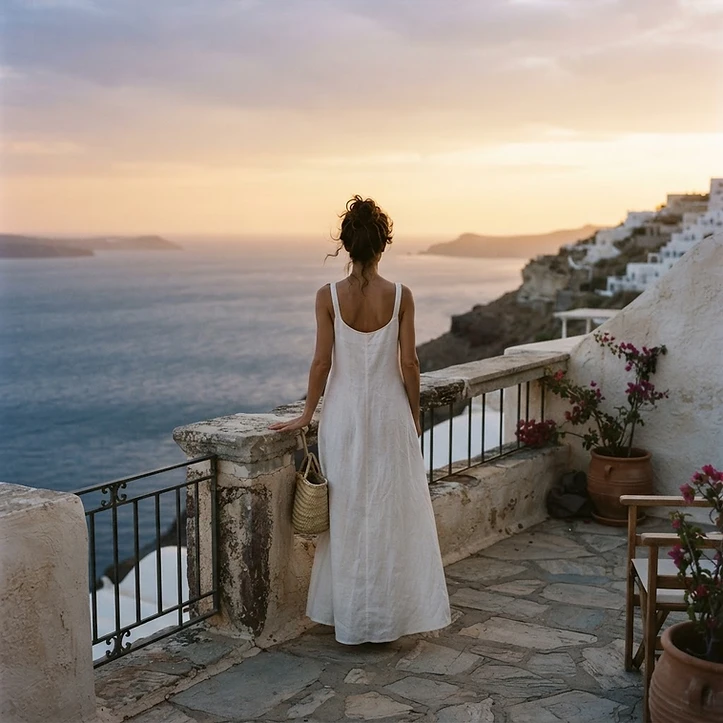 Woman in a white linen dress on a whitewashed terrace above the sea at golden hour